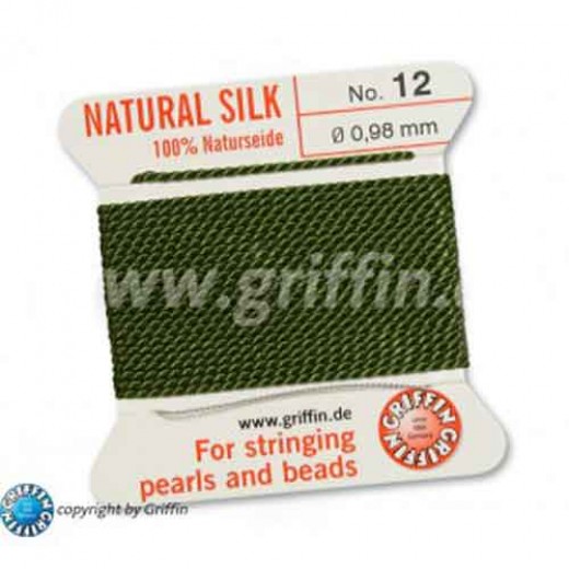 Olive Griffin Silk Thread with Needle, Size 12, 0.98mm dia. 2m long