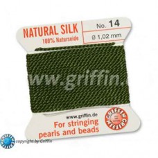 Olive Griffin Silk Thread with Needle, Size 14, 1.02mm dia. 2m long