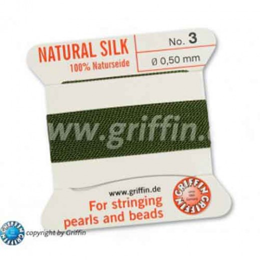 Olive Griffin Silk Thread with Needle, Size 3, 0.50mm dia. 2m long