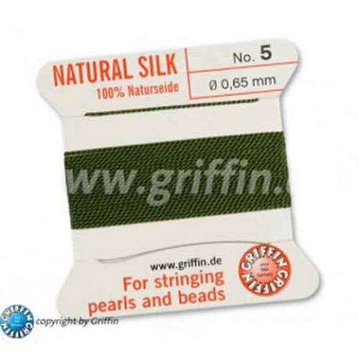 Olive Griffin Silk Thread with Needle, Size 5, 0.65mm dia. 2m long