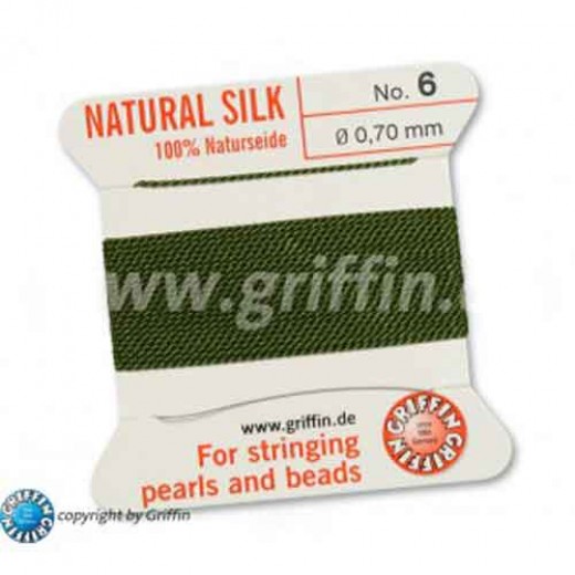 Olive Griffin Silk Thread with Needle, Size 6, 0.7mm dia. 2m long