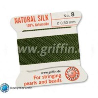Olive Griffin Silk Thread with Needle, Size 8, 0.80mm dia. 2m long
