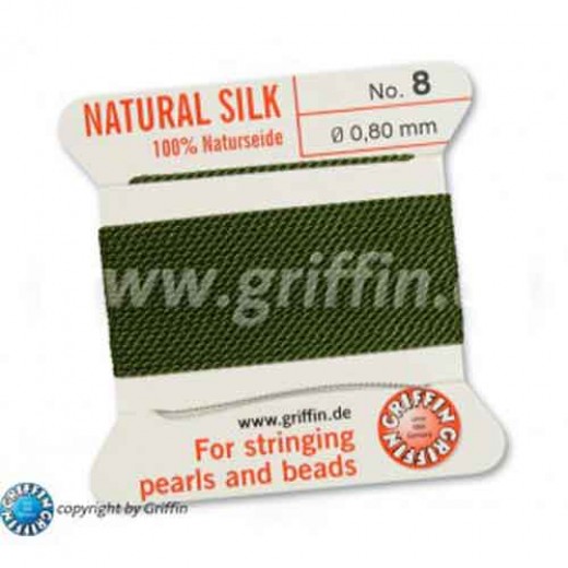 Olive Griffin Silk Thread with Needle, Size 8, 0.80mm dia. 2m long