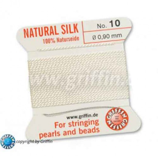White Griffin Silk Thread with Needle, Size 10, 0.90mm dia. 2m long