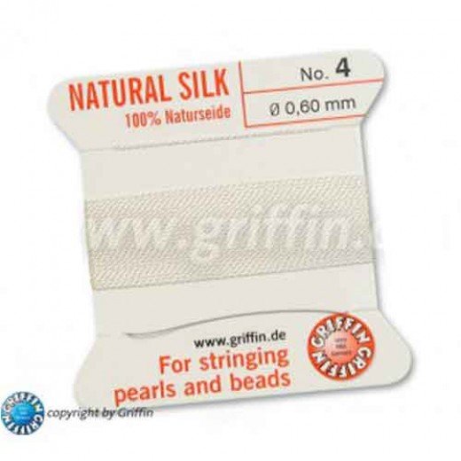 White Griffin Silk Thread with Needle, Size 4, 0.60mm dia. 2m long