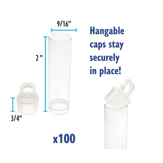 50mm x 14mm Clear Plastic Tubes with hanging cap, pack of 100 50mm x 14mm Clear Plastic Tubes with hanging cap, pack of 100