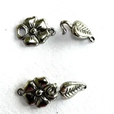 Leaf and Flower Hook and Eye Clasps, Pack of 2. Antique Silver Colour.