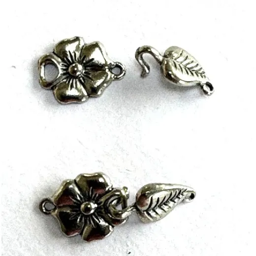 Leaf and Flower Hook and Eye Clasps, Pack of 2. Antique Silver Colour. Leaf and Flower Hook and Eye Clasps, Pack of 2. Antique Silver Colour.
