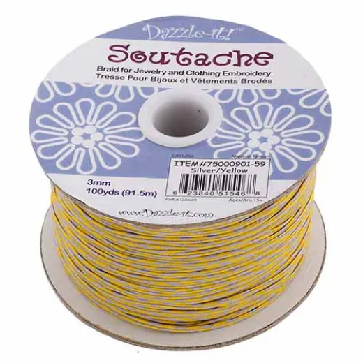 2-Tone Silver / Yellow 3mm Soutache, 10 Metre Length 2-Tone Silver / Yellow 3mm Soutache, 10 Metre Length