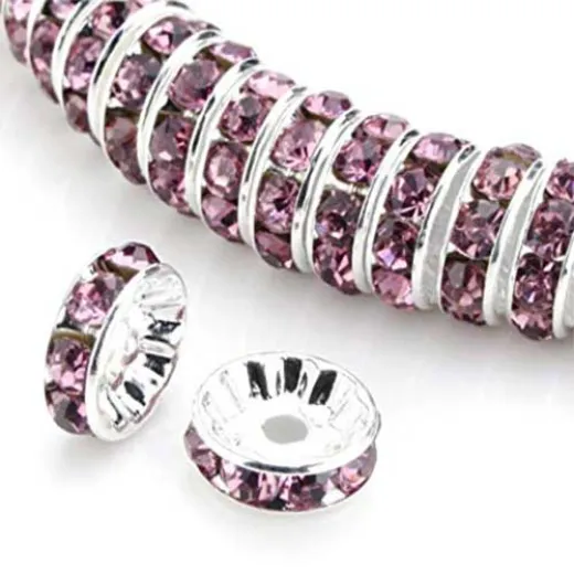 10mm Light Amethyst on Silver Rhinestone Rondelles, Pack of 6 10mm Light Amethyst on Silver Rhinestone Rondelles, Pack of 6