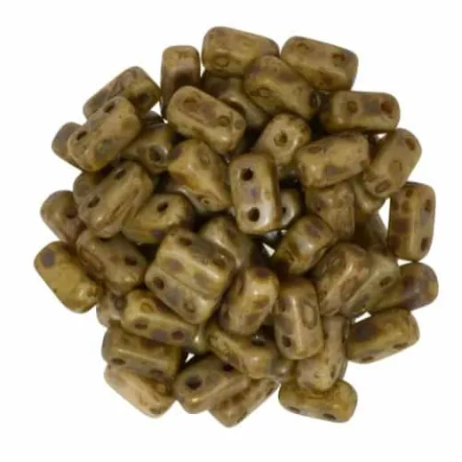 Opaque Light Beige - Copper Picasso 2-Hole Brick Bead - 3 x 6mm - Pack of 50 