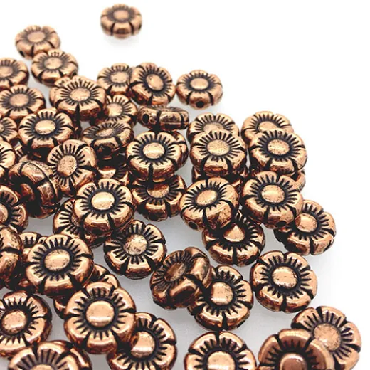 11mm Flat Designed Flower Bead, Antique Copper Plated, pack of 5 11mm Flat Designed Flower Bead, Antique Copper Plated, pack of 5