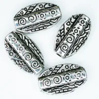 Antique Silver Tibetan Style Oval Patterned Beads, Pack of 4
