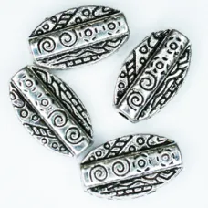 Antique Silver Tibetan Style Oval Patterned Beads, Pack of 4