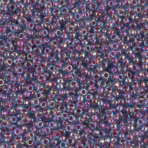 Hot pink lined aqua AB Miyuki 11/0 seed beads, Colour 0340,  22g approx.