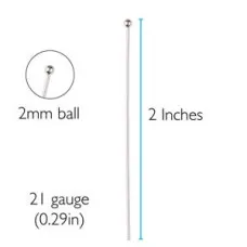2" Headpins with Large 2mm Ball, 21ga, Silver colour, Pack of 24