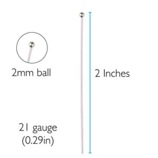 2" Headpins with Large 2mm Ball, 21ga, Gold colour, Pack of 24