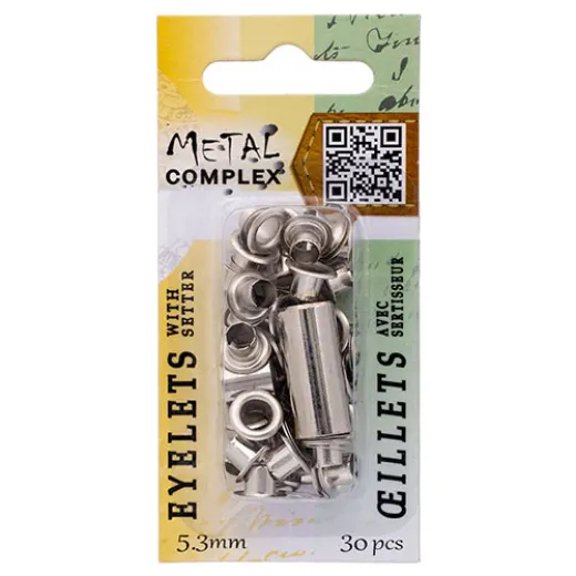 5.3mm Silver Eyelets With Setter Tool by Metal Complex, Pack of 30 Pieces 5.3mm Silver Eyelets With Setter Tool by Metal Complex, Pack of 30 Pieces