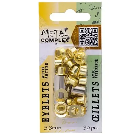 5.3mm Gold Eyelets With Setter Tool by Metal Complex, Pack of 30 Pieces 5.3mm Gold Eyelets With Setter Tool by Metal Complex, Pack of 30 Pieces