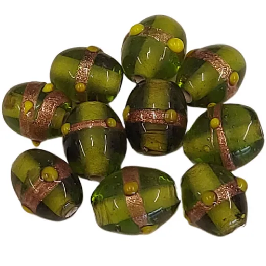 14mm x 12mm Green Oval Glass Beads with Gold Foiled Detail, pack of 10 14mm x 12mm Green Oval Glass Beads with Gold Foiled Detail, pack of 10
