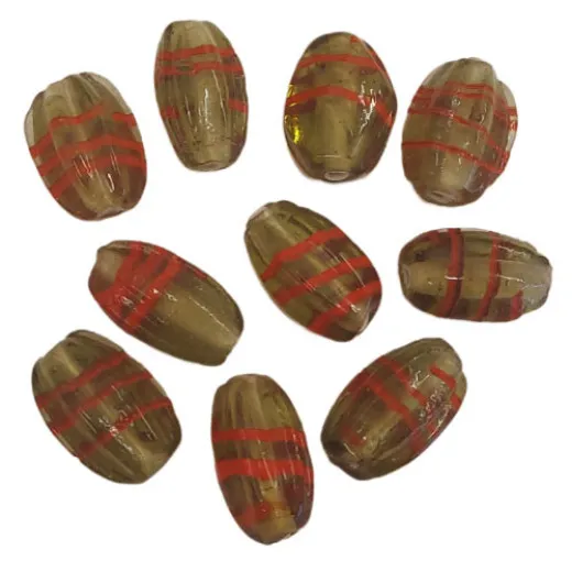 Olive Green Glass Oval Beads with Red Stripe Details, Pack of 10 Olive Green Glass Oval Beads with Red Stripe Details, Pack of 10