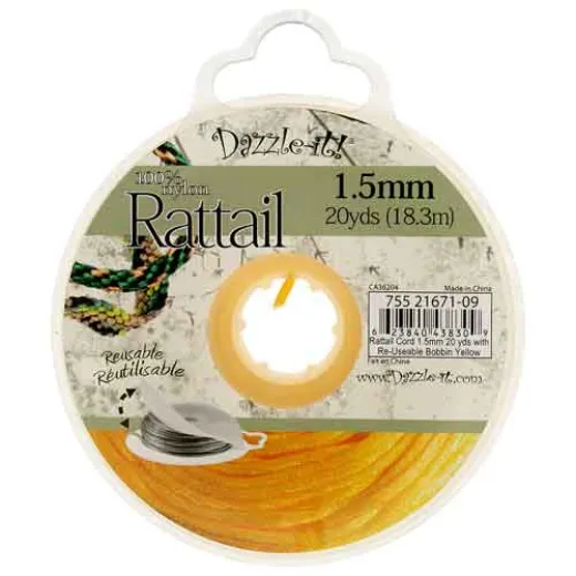 1.5mm Rattail Cord, Yellow, 20 yds with Re-Useable Bobbin 1.5mm Rattail Cord, Yellow, 20 yds with Re-Useable Bobbin