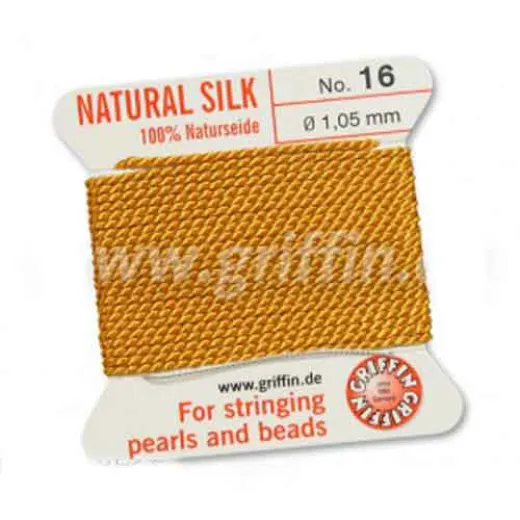 Amber Griffin Silk Thread with Needle, Size 16, 1.05mm dia. 2m long Amber Griffin Silk Thread with Needle, Size 16, 1.05mm dia. 2m long