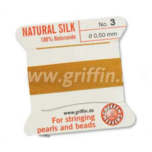 Amber Griffin Silk Thread with Needle, Size 3, 0.50mm dia. 2m Amber Griffin Silk Thread with Needle, Size 3, 0.50mm dia. 2m