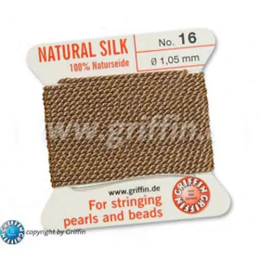 Beige Griffin Silk Thread with Needle, Size 16, 1.05mm dia. 2m long Beige Griffin Silk Thread with Needle, Size 16, 1.05mm dia. 2m long