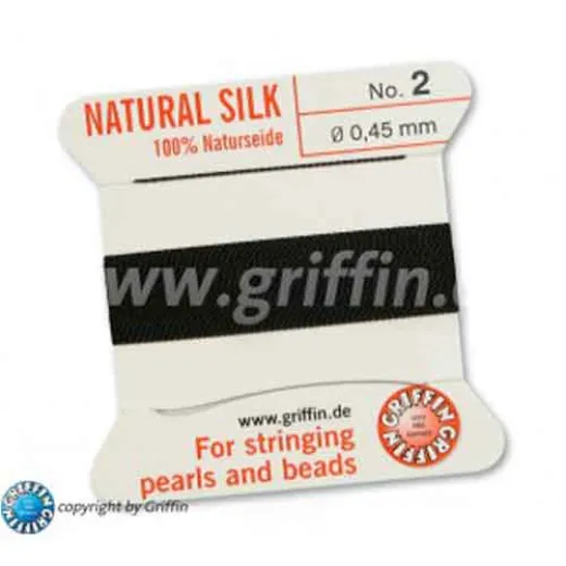Black Griffin Silk Thread with Needle, Size 2, 0.45mm dia. 2m long Black Griffin Silk Thread with Needle, Size 2, 0.45mm dia. 2m long