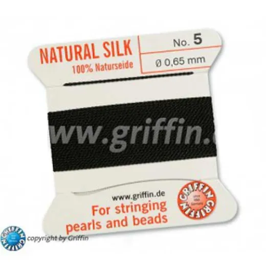Black Griffin Silk Thread with Needle, Size 5, 0.65mm dia. 2m long Black Griffin Silk Thread with Needle, Size 5, 0.65mm dia. 2m long