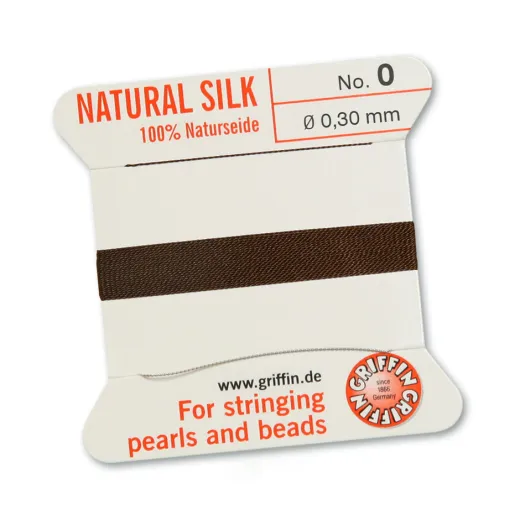 Brown Griffin Silk Thread with Needle, Size 0, 0.30mm dia. 2m Brown Griffin Silk Thread with Needle, Size 0, 0.30mm dia. 2m