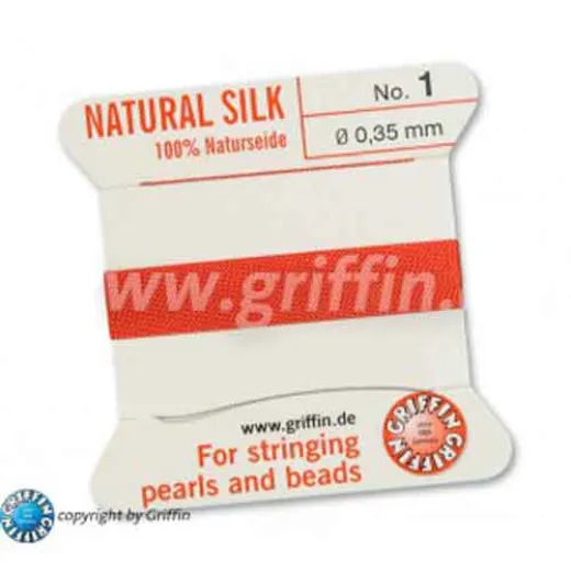 Coral Griffin Silk Thread with Needle, Size 1, 0.35mm dia. 2m long Coral Griffin Silk Thread with Needle, Size 1, 0.35mm dia. 2m long