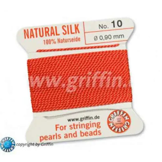 Coral Griffin Silk Thread with Needle, Size 10, 0.90mm dia. 2m long. Coral Griffin Silk Thread with Needle, Size 10, 0.90mm dia. 2m long.