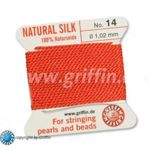 Coral Griffin Silk Thread with Needle, Size 14, 1.02mm dia. 2m long Coral Griffin Silk Thread with Needle, Size 14, 1.02mm dia. 2m long