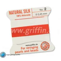 Coral Griffin Silk Thread with Needle, Size 2,  0.45mm dia. 2m long.