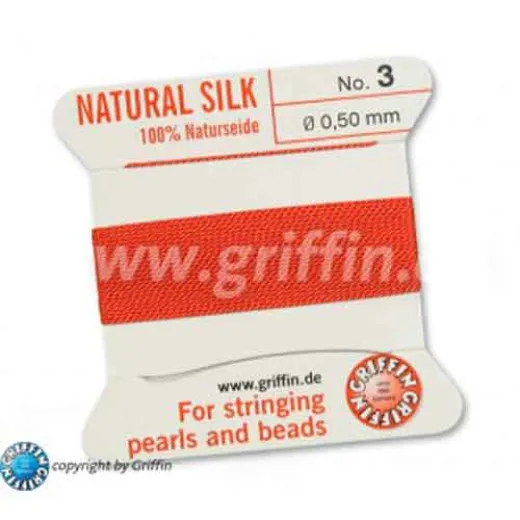 Coral Griffin Silk Thread with Needle, Size 3, 0.50mm dia. 2m long Coral Griffin Silk Thread with Needle, Size 3, 0.50mm dia. 2m long