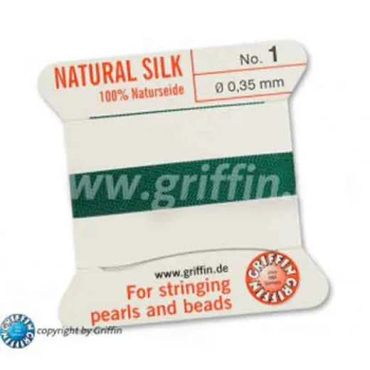 Green Griffin Silk Thread with Needle, Size 1, 0.35mm dia. 2m long