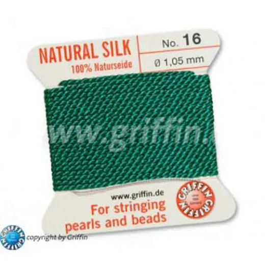 Green Griffin Silk Thread with Needle, Size 16, 1.05mm dia. 2m long Green Griffin Silk Thread with Needle, Size 16, 1.05mm dia. 2m long