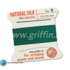 Green Griffin Silk Thread with Needle, Size 6, 0.7mm dia. 2m long