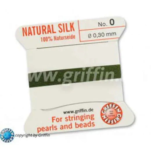 Olive Griffin Silk Thread with Needle, Size 0, 0.30mm dia. 2m long Olive Griffin Silk Thread with Needle, Size 0, 0.30mm dia. 2m long
