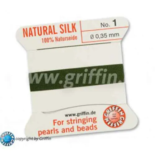 Olive Griffin Silk Thread with Needle, Size 1, 0.35mm dia. 2m long Olive Griffin Silk Thread with Needle, Size 1, 0.35mm dia. 2m long