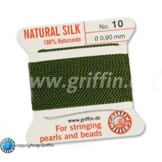Olive Griffin Silk Thread with Needle, Size 10, 0.90mm dia. 2m long Olive Griffin Silk Thread with Needle, Size 10, 0.90mm dia. 2m long