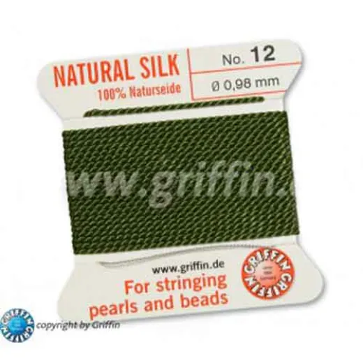 Olive Griffin Silk Thread with Needle, Size 12, 0.98mm dia. 2m long Olive Griffin Silk Thread with Needle, Size 12, 0.98mm dia. 2m long