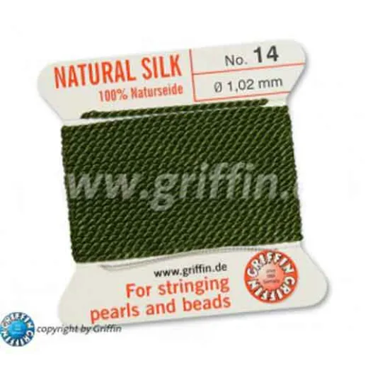Olive Griffin Silk Thread with Needle, Size 14, 1.02mm dia. 2m long Olive Griffin Silk Thread with Needle, Size 14, 1.02mm dia. 2m long