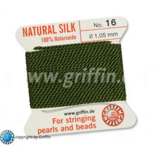 Olive Griffin Silk Thread with Needle, Size 16, 1.05mm dia. 2m long Olive Griffin Silk Thread with Needle, Size 16, 1.05mm dia. 2m long
