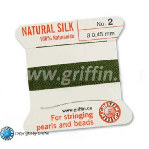 Olive Griffin Silk Thread with Needle, Size 2, 0.45mm dia. 2m long Olive Griffin Silk Thread with Needle, Size 2, 0.45mm dia. 2m long