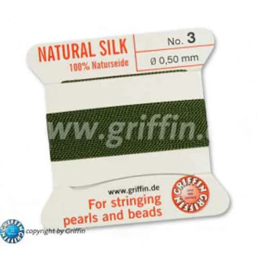 Olive Griffin Silk Thread with Needle, Size 3, 0.50mm dia. 2m long Olive Griffin Silk Thread with Needle, Size 3, 0.50mm dia. 2m long