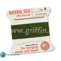 Olive Griffin Silk Thread with Needle, Size 6, 0.7mm dia. 2m long