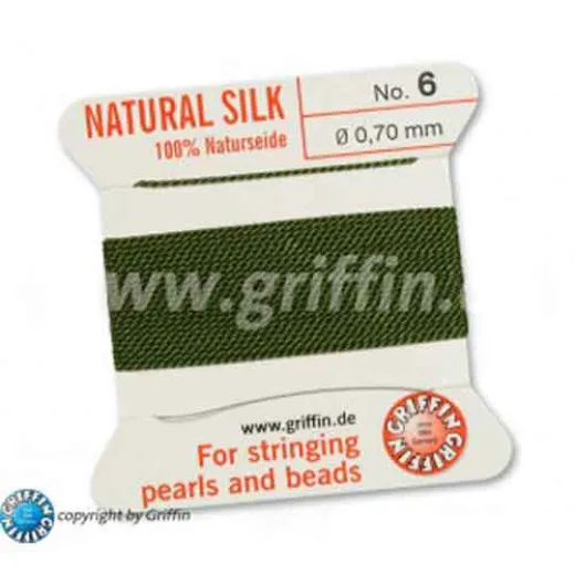 Olive Griffin Silk Thread with Needle, Size 6, 0.7mm dia. 2m long Olive Griffin Silk Thread with Needle, Size 6, 0.7mm dia. 2m long